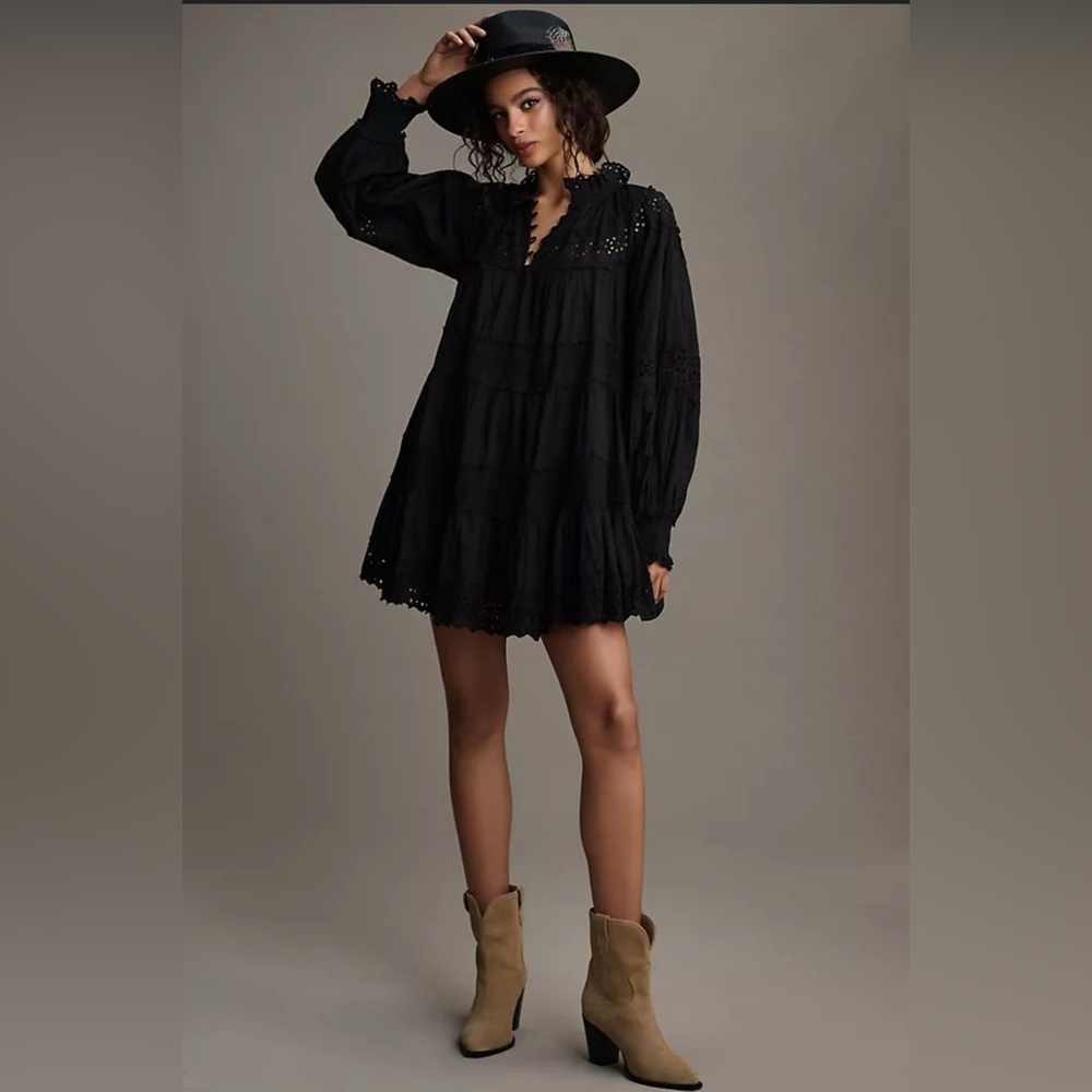 Maeve by Anthropologie Black Cotton Eyelet Whimsigoth Trapeze Boho Dress Small